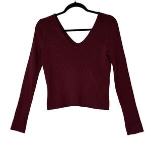 Skies‎ are Blue Anthropologie Top Womens Medium Burgundy Long Sleeve Stretch